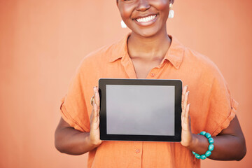 Happy, girl and hands with tablet app mockup for marketing with optimistic smile holding...