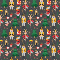 Merry Christmas, New Year seamless pattern on dark with Ballerina, Mouse King and Nutcracker. Christmas card with three and toys