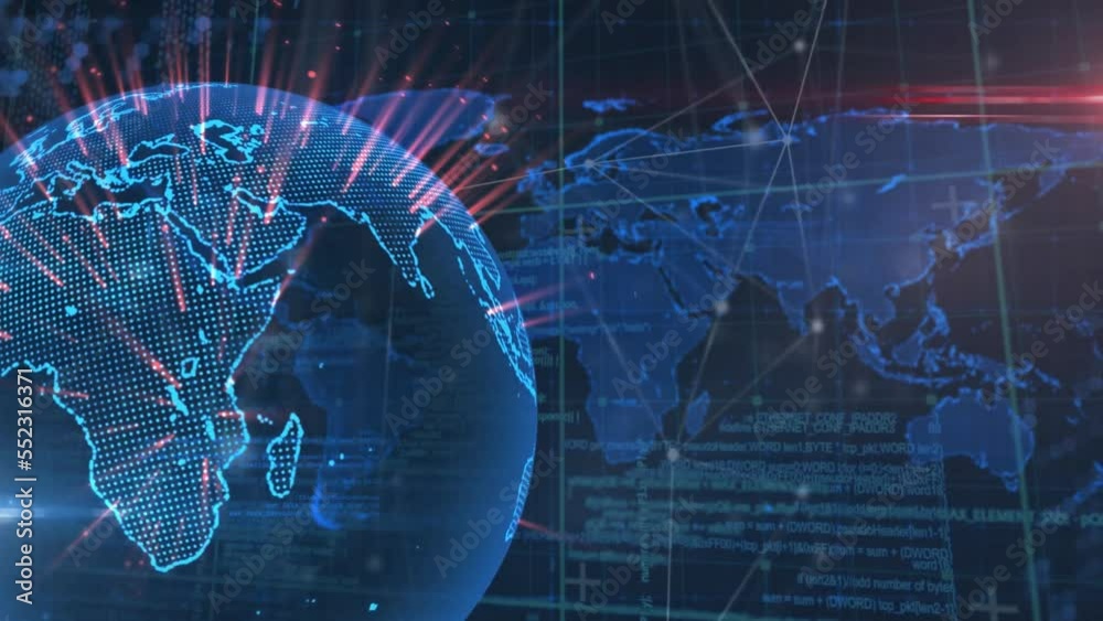 Poster animation of connected dots over rotating globe over map, lens flares and programming language