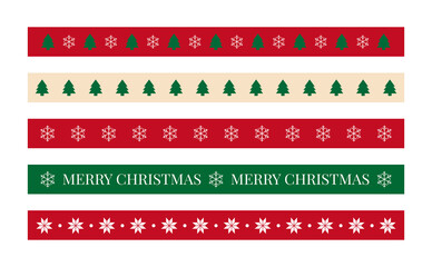 Set of pattern borders for Christmas concept in winter season December. Retro style ribbon design with repeating tree, snow and snowflake shapes.