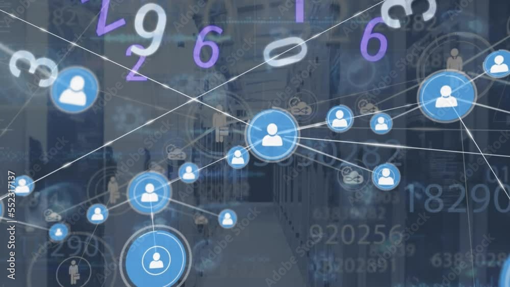 Poster animation of connected icons with lines and numbers moving with radar over server room