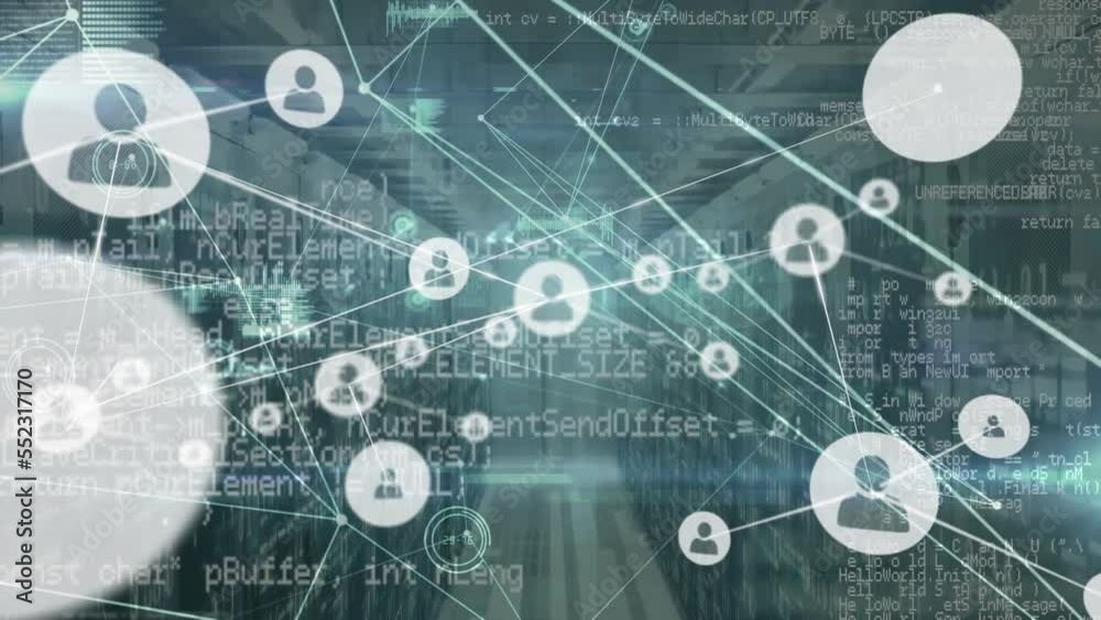 Poster animation of connected icons with lines and programming language over server room