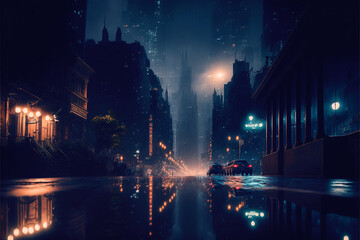 Fototapeta na wymiar Generative AI illustration of Gotham city at night