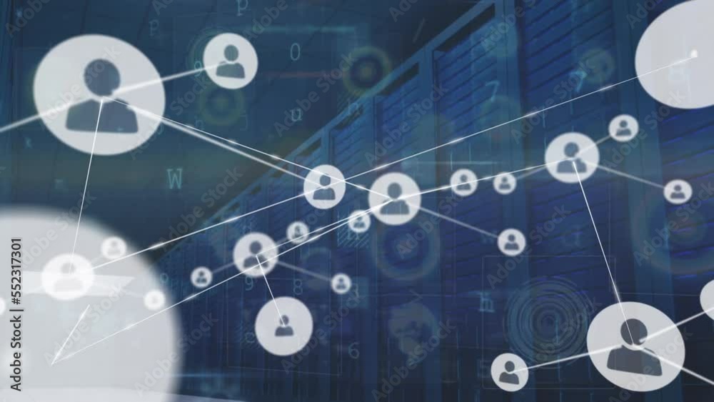 Poster animation of network of connections with people icons, data processing over computer servers
