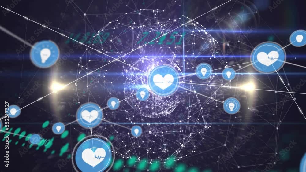Poster animation of network of connections with icons with data processing