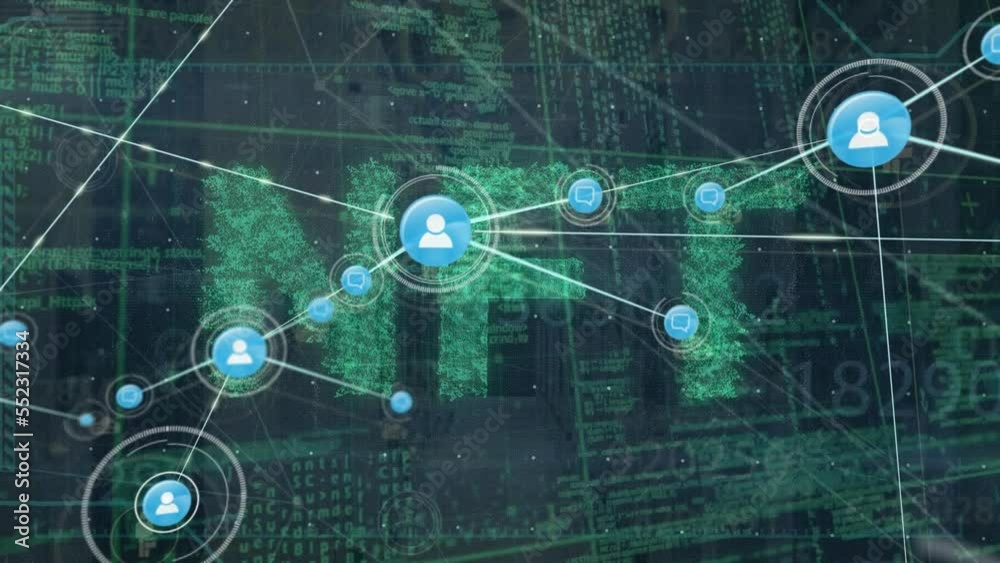 Poster animation of network of connections with people icons with data processing