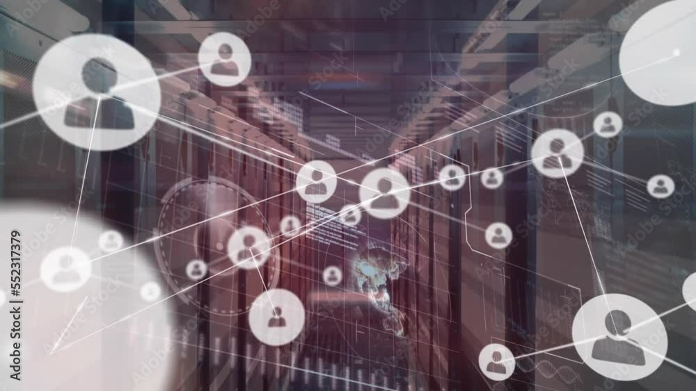 Poster animation of network of connections with people icons with data processing