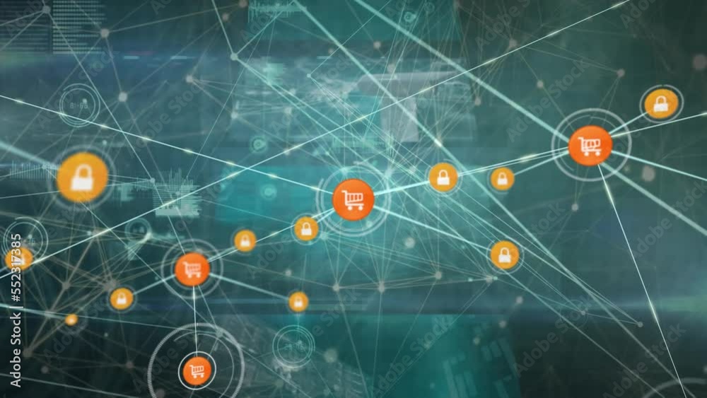 Poster animation of network of connections with icons with data processing