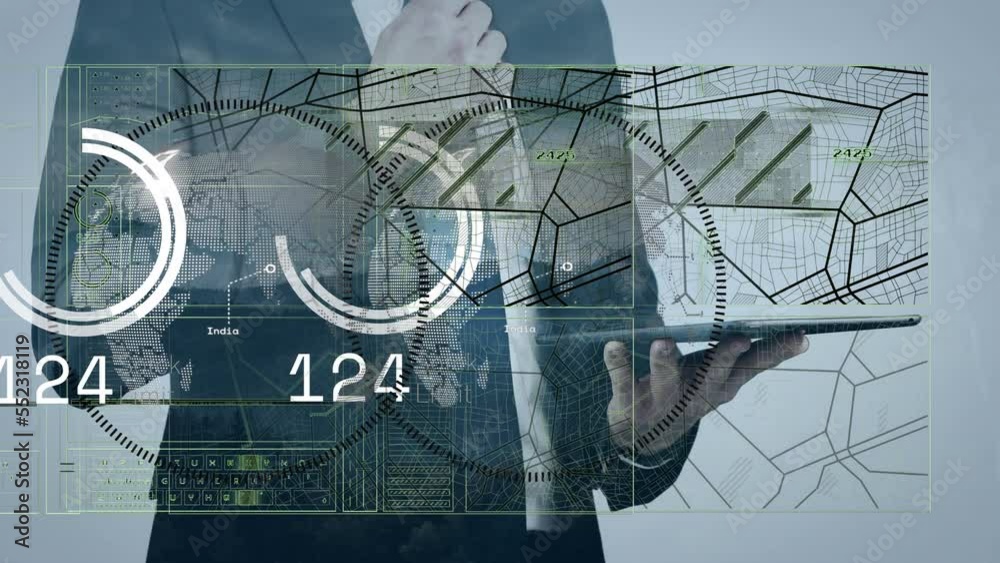 Poster animation of data processing over man using tablet