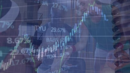 Animation of graphs, trading board, building, diverse female coach discussing with players at court - Powered by Adobe