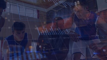 Animation of infographic interface over multiracial coach and basketball players discussing gameplan - Powered by Adobe