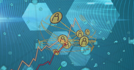 Image of network of connections with people icons over statistics