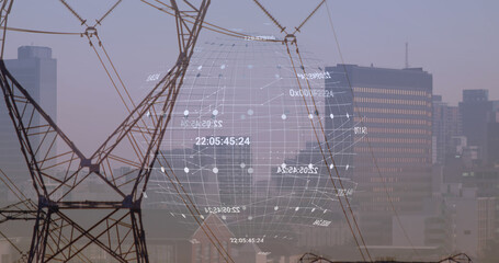 Image of data processing and globe over pylons