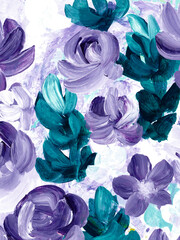 Abstract purple flowers, original hand drawn, impressionism style, color texture, brush strokes of paint,  art background. - 552318557