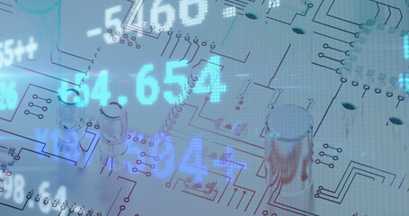 Fototapeta na wymiar Digital image of stock market data processing against microprocessor connections