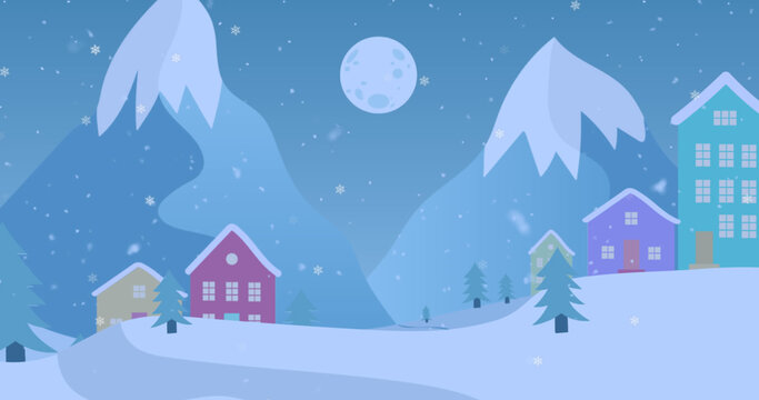 This is a digital image of a winter scene with snowflakes falling and houses in the background