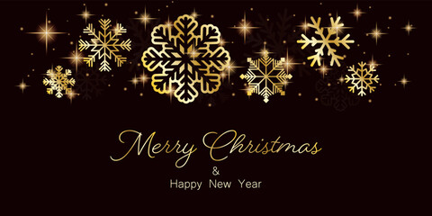 Fototapeta na wymiar Merry Christmas and Happy New Year greeting card design with golden stars and snowflakes decorated on Christmas background for banner, poster or cards. Beautiful Christmas background.