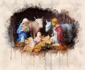 aquarelle de la nativité, crèche sainte famille, bœuf et âne