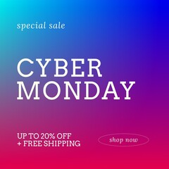 Image of cyber monday text on blue and pink background