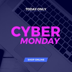 Image of cyber monday on blue background with laptop