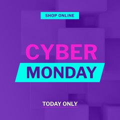 Image of cyber monday on purple background with boxes