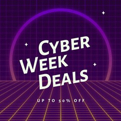 Image of cyber week deals text in glowing purple circle on purple background