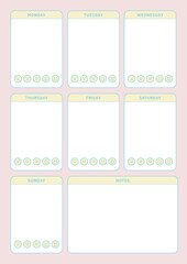 Colorful, cute style weekly planner template. Note, scheduler, diary, calendar planner document template illustration.