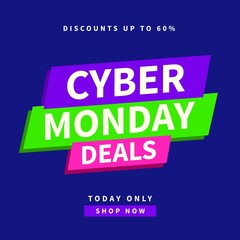 Square picture of cyber monday discounts up to 60 percent text over colorful background