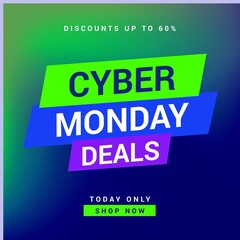 Square picture of cyber monday discounts up to 60 percent text over colorful background