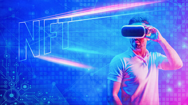 man waering 3D vr headset with NFT sign on neon color background with digital symbol