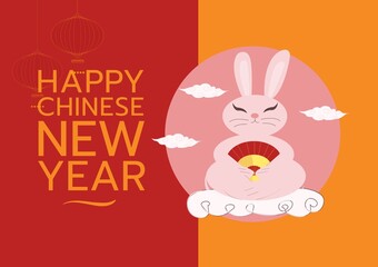 Composition of happy chinese new year text over rabbit on red background