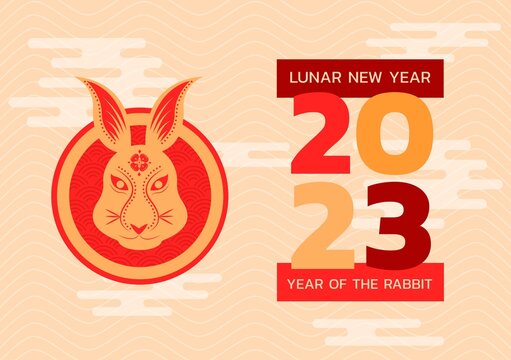 Composition of happy lunar new year 2023 text over rabbit on beige background