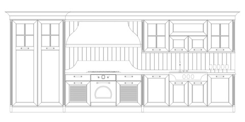The outline of the finished assembled kitchen from black lines isolated on a white background. Front view. Vector illustration.