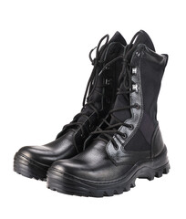 A pair of new black combat boots isolated on a white background.