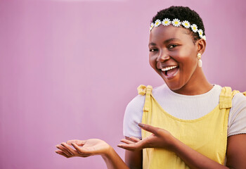 Mockup, marketing or happy black woman against a wall for product placement, advertising or branding space. Mock up, portrait or African girl shows discount commercial, promotion offer or sales deal