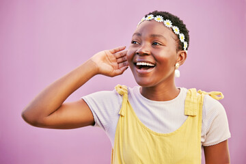 Happy, smile and black woman in a studio with a flower crown for a positive hipster aesthetic....