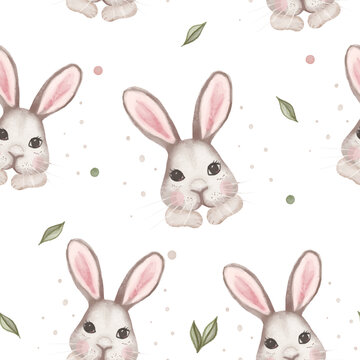 Watercolor vector Baby shower seamless pattern plush toy bunny. Toys and green leaves.
