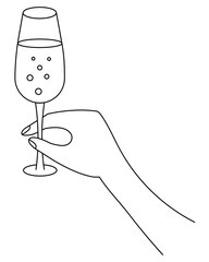 Hold a glass of champagne in your hand. The fingers are closed on the stem of the glass. Sketch. Take a crystal container with sparkling wine in the palm of your hand. Magic bubbles. Vector 