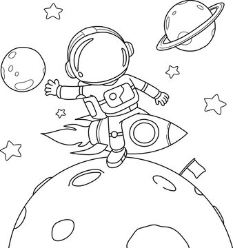 Coloring pages with astronaut. Hand drawn coloring book for children and adults