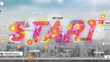 Animation of start text, network of connections and social media icons over cityscape - Powered by Adobe
