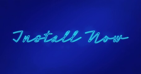 Animation of neon blue install now text banner against blue background - Powered by Adobe