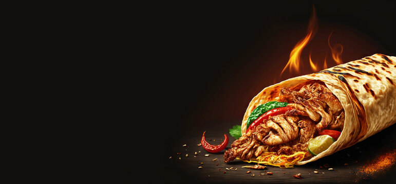 Traditional shawarma with meat and vegetables in flatbread on fire on black background