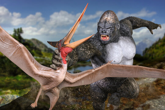 翼竜のプテラノドンを捕獲する巨大なゴリラ