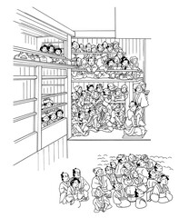 歌舞伎,小屋,羅漢台の客-線画