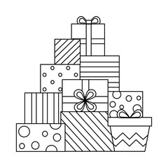 Doodle Christmas tree from gift boxes line art.