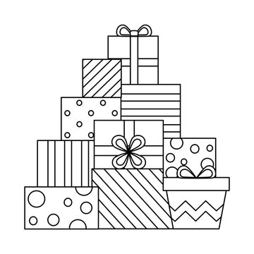 recommend clip art: Doodle Christmas tree from gift boxes line art.