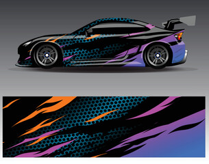 Naklejka premium Car wrap design vector. Graphic abstract stripe racing background kit designs for wrap vehicle race car rally adventure and livery