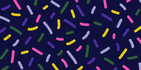 Bright neon coloured confetti on dark blue background. Cute abstract horizontal backdrop. Multi colored decorative sprinkles. Pop art style texture. Vector design layout for banner presentation, flyer