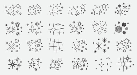 Vector lines art stars sparkle firework, decoration twinkle, shiny flash. Glowing light effect stars and bursts