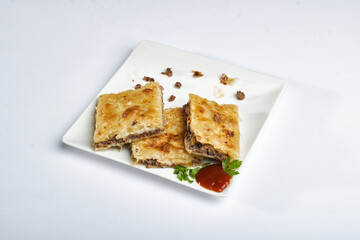Glash paper stuffed with minced meat with parsley and ketchup paper